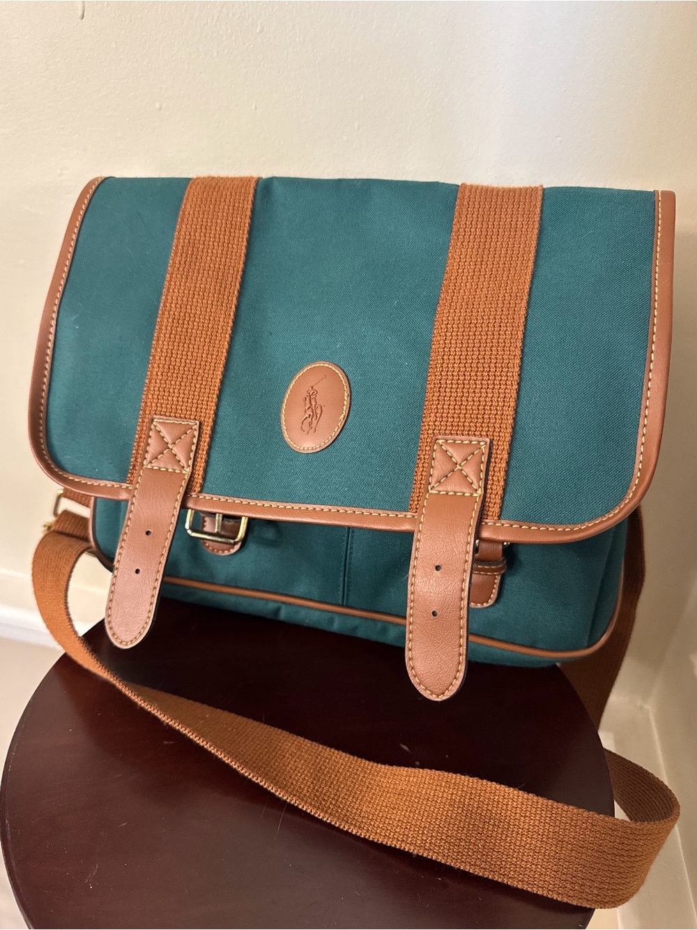 Ralph Lauren Green Canvas Messenger with Brown Leather Trim